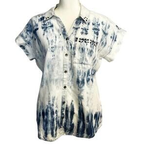 Rock & Republic‎ Button Short Sleeve Tie Dye Denim Look Shirt Small Grunge Biker